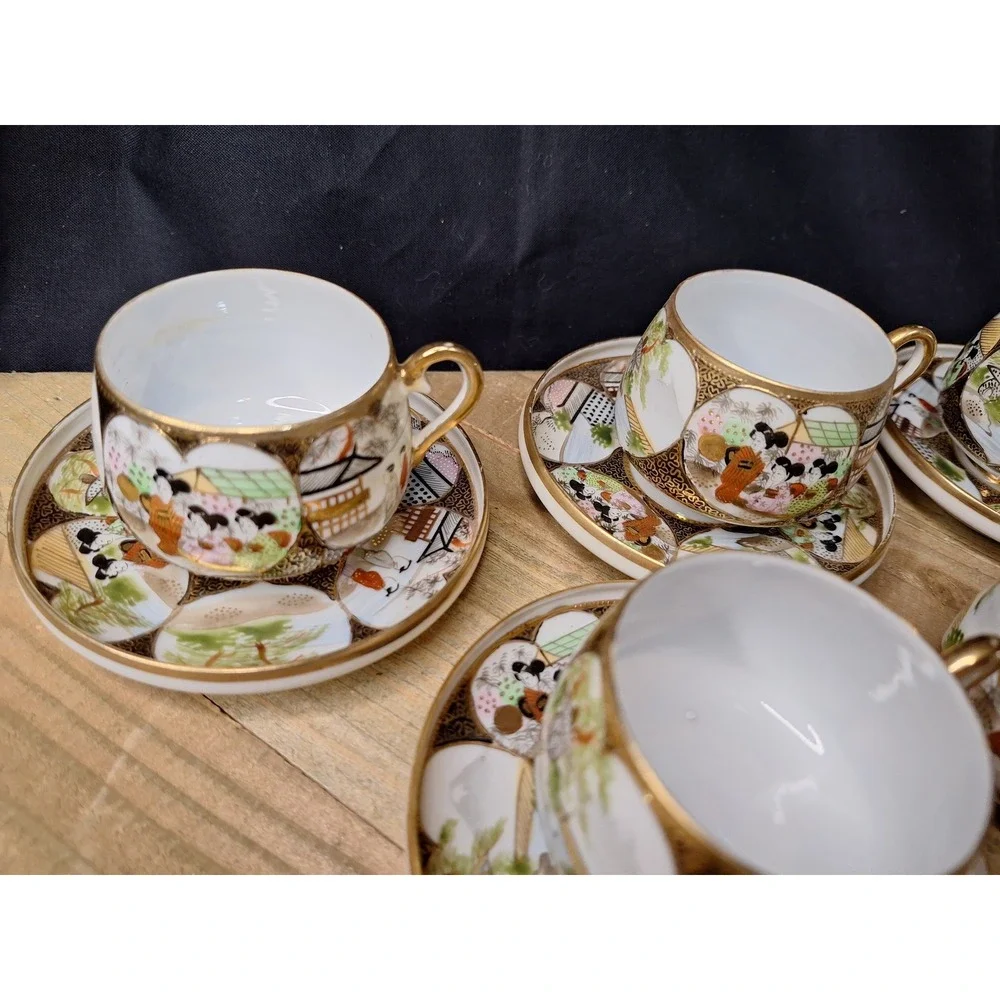 Antique Japanese Satsuma Eggshell‎ Porcelain Tea Cups & Saucers Set of 10 Geisha